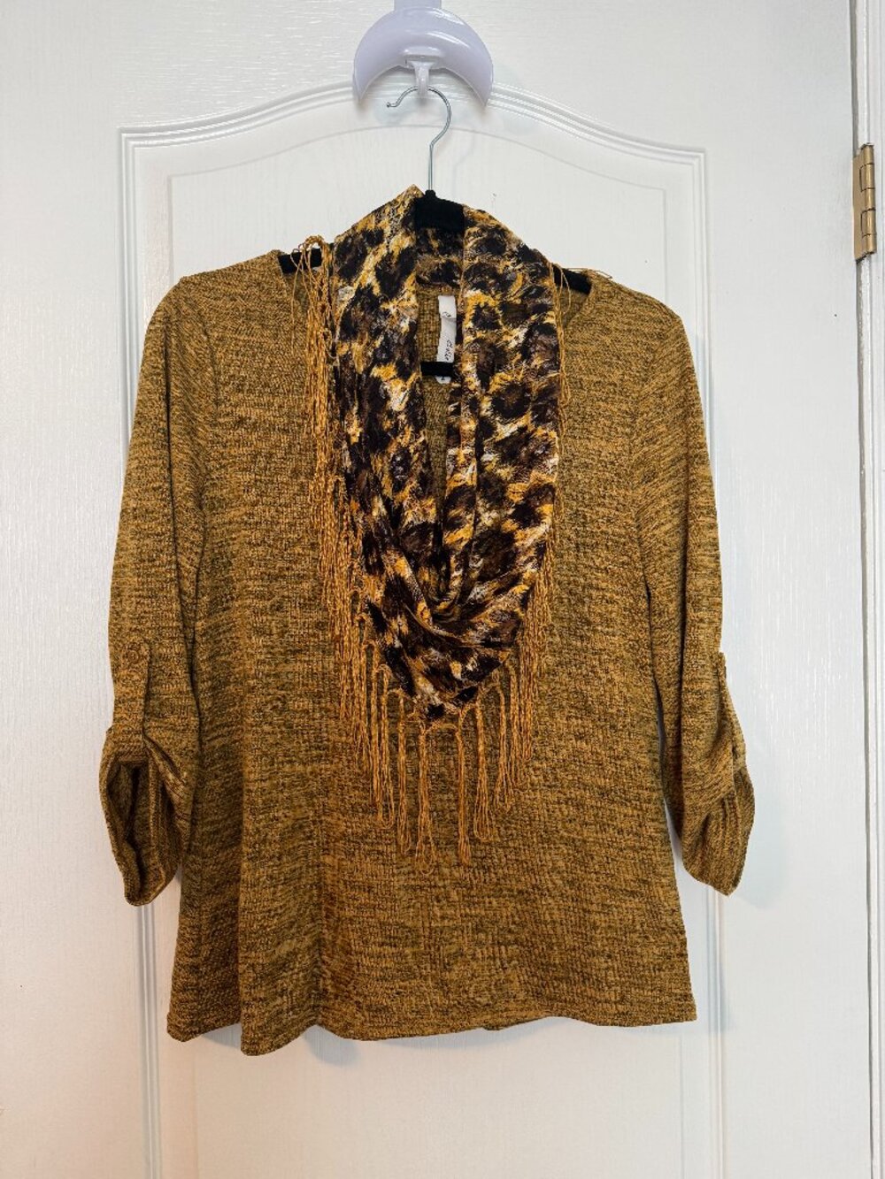 NY Collection Petite Mustard Knit Top With Removable Animal Print Fringe Scarf